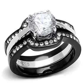 WildKlass Stainless Steel Ring Two-Tone IP Black Women AAA Grade CZ Clear