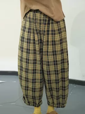 Women Casual Plaid Summer Cotton Loose Harem Pants KL1049