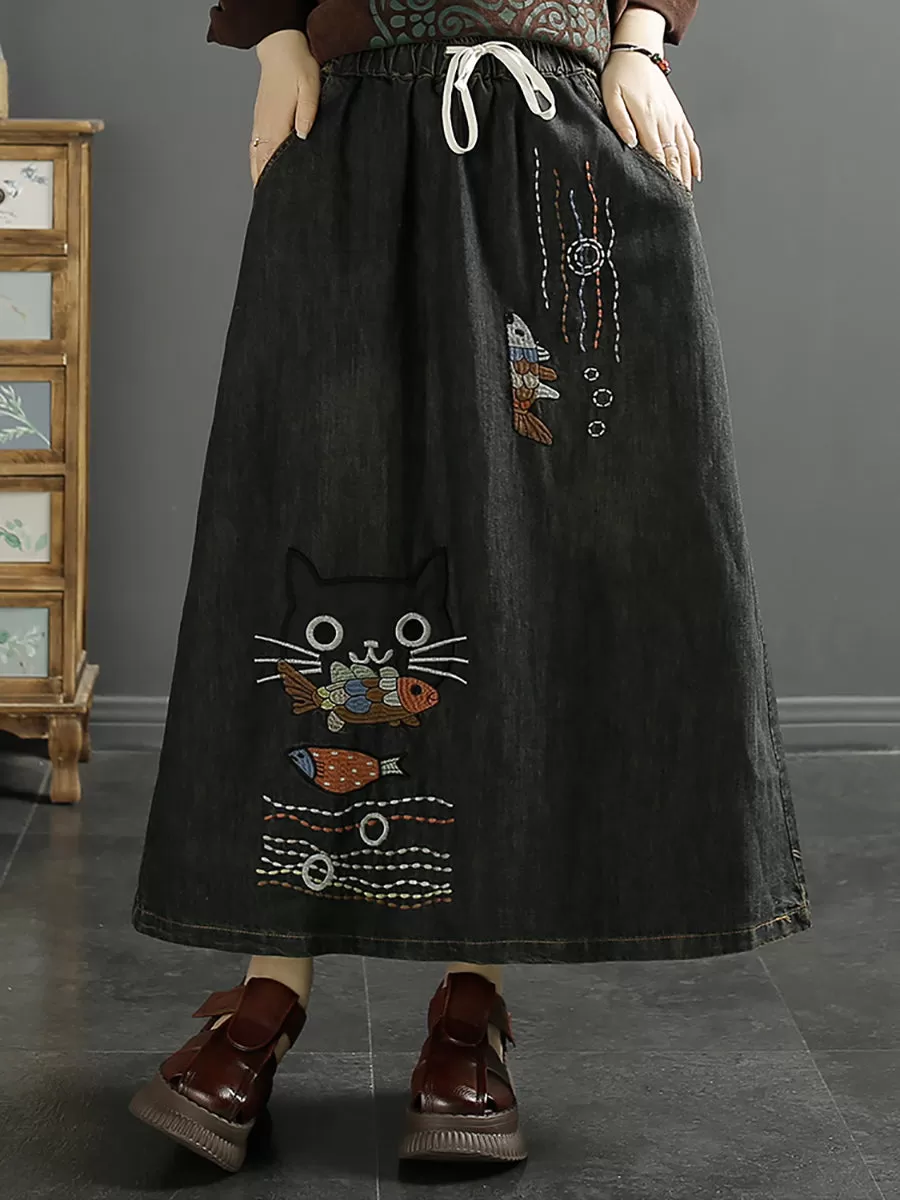 Women Summer Casual Cat Fish Embroidery Denim Skirt KL1008