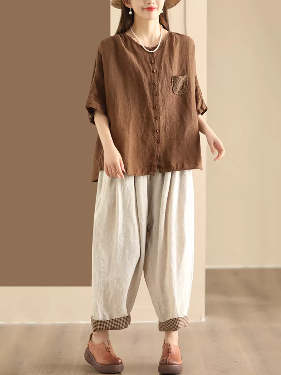 Women Summer Solid Linen Button Harem Pants CO1003